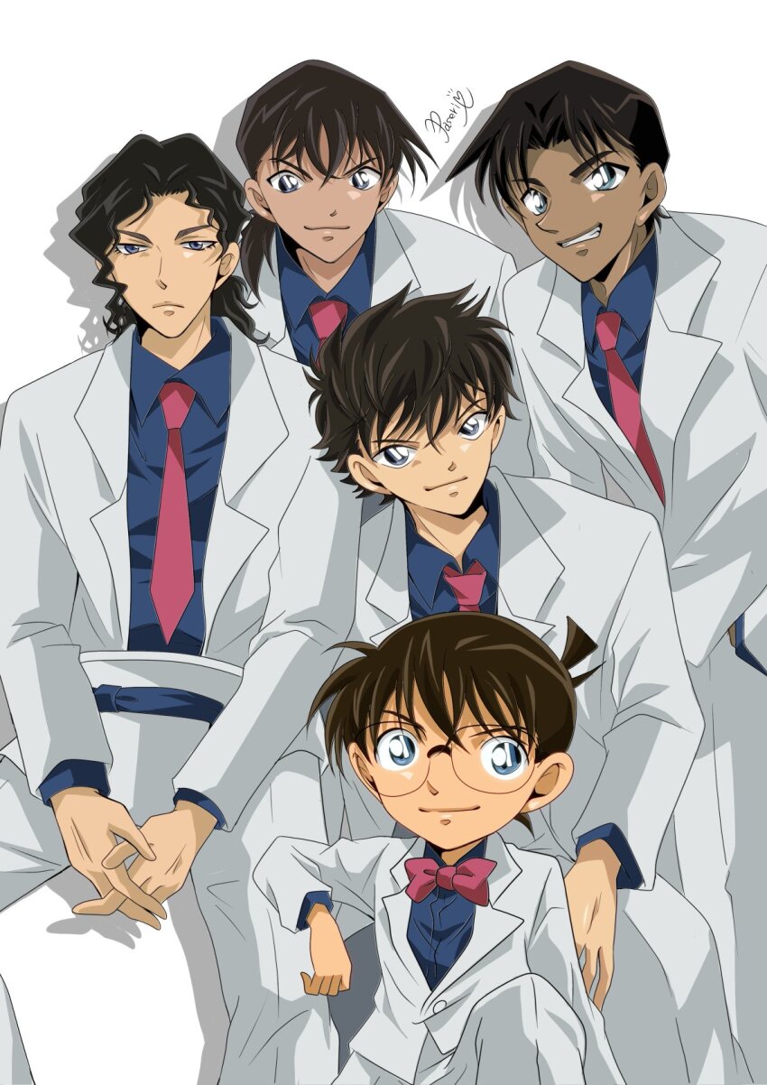 5boys, artist_name, black_hair, blue_shirt, bow, bowtie, collared_shirt, dark-skinned_male
