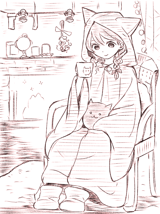 1girl, alternate_costume, animal_hood, braid, cat_hood, chair, closed_mouth, commentary