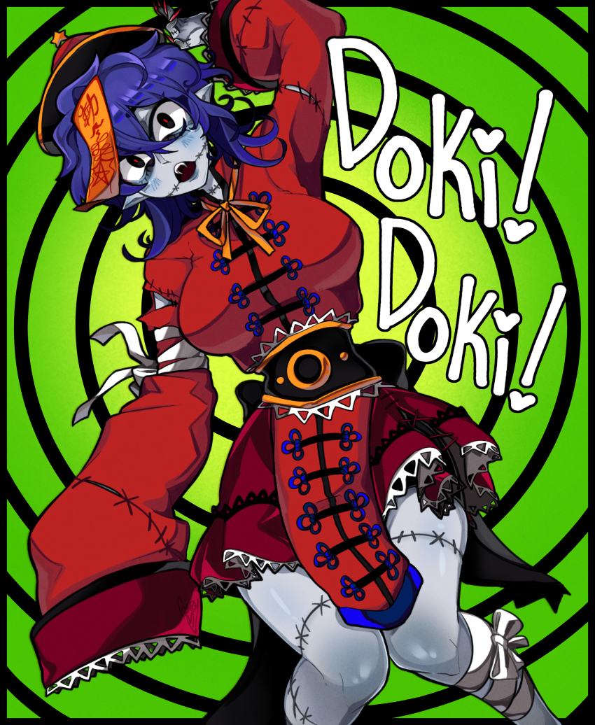 1girl, absurdres, chinese_clothes, colored_skin, green_background, grey_skin, hat, highres