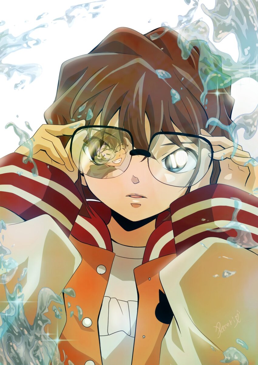 1boy, 1girl, adjusting_eyewear, artist_name, blue_eyes, brown_hair, edogawa_conan, glasses