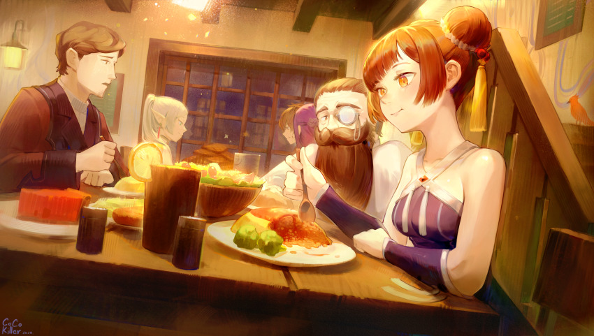 3boys, 3girls, :t, absurdres, bare_shoulders, beard, bird, blue_eyes