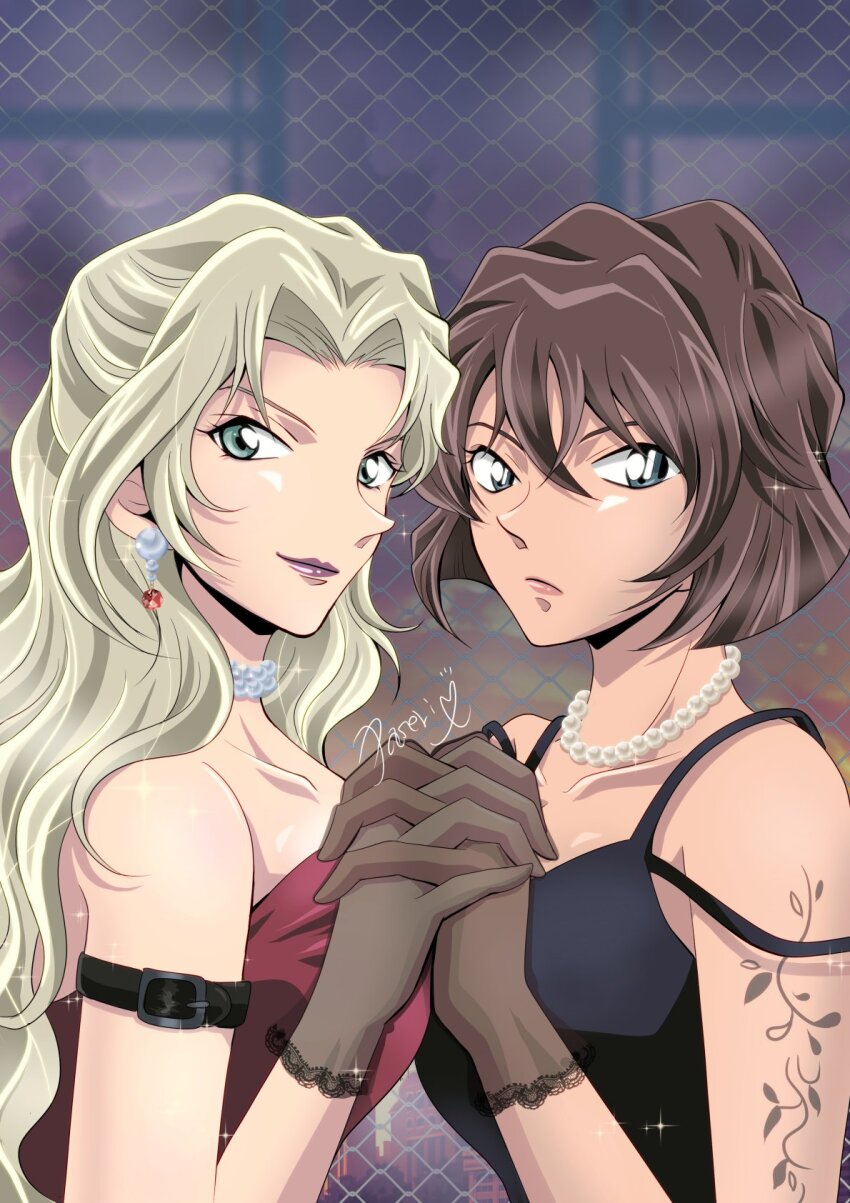 2girls, armband, artist_name, black_dress, blonde_hair, breast_press, brown_hair, buckle