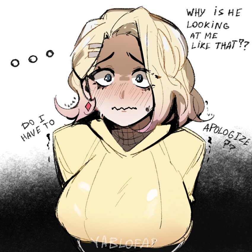 1girl, black_eyeliner, blonde_hair, blue_eyes, blush, breasts, earrings, eyeliner, hair_ornament, hairclip, highres, hood, hoodie, jewelry, large_breasts, looking_at_viewer, looking_up, makeup, mascara, medium_hair, nervous_sweating, original, sasha_(allenhara), signature, solo, sweat, trembling, undershirt, wavy_mouth, yablofap, yellow_hoodie