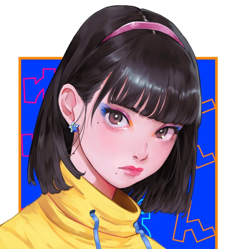 1girl, blunt_bangs, brown_eyes, brown_hair, closed_mouth, commentary, earrings, english_commentary, expressionless, eyeshadow, hair_between_eyes, highres, jewelry, looking_at_viewer, makeup, megorin01, mole, mole_on_neck, mole_under_eye, mole_under_mouth, original, short_hair, sidelocks, simple_background, solo, upper_body