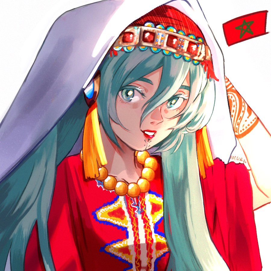 1girl, alternate_costume, amazigh_clothes, aqua_eyes, aqua_hair, arm_tattoo, commentary, english_commentary, facial_tattoo, hair_between_eyes, hatsune_miku, jewelry, long_hair, megorin01, moroccan_flag, morocco, necklace, sidelocks, simple_background, smile, solo, tattoo, twintails, veil, vocaloid, white_background