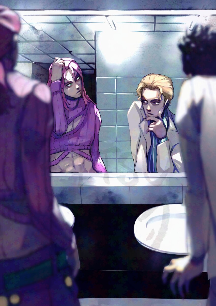 2boys, absurdres, bathroom, black_hair, blonde_hair, cropped_sweater, diamond_wa_kudakenai, diavolo, dual_persona, green_eyes, hand_in_own_hair, hand_on_own_chin, highres, jacket, jojo_no_kimyou_na_bouken, kawajiri_kosaku, kira_yoshikage, kitsunewara, long_hair, long_sleeves, looking_at_another, male_focus, midriff, multiple_boys, pink_hair, ponytail, purple_eyes, purple_sweater, shirt, short_hair, sink, striped_clothes, striped_shirt, sweater, tile_wall, tiles, vento_aureo, vertical-striped_clothes, vertical-striped_shirt, vinegar_doppio, white_jacket