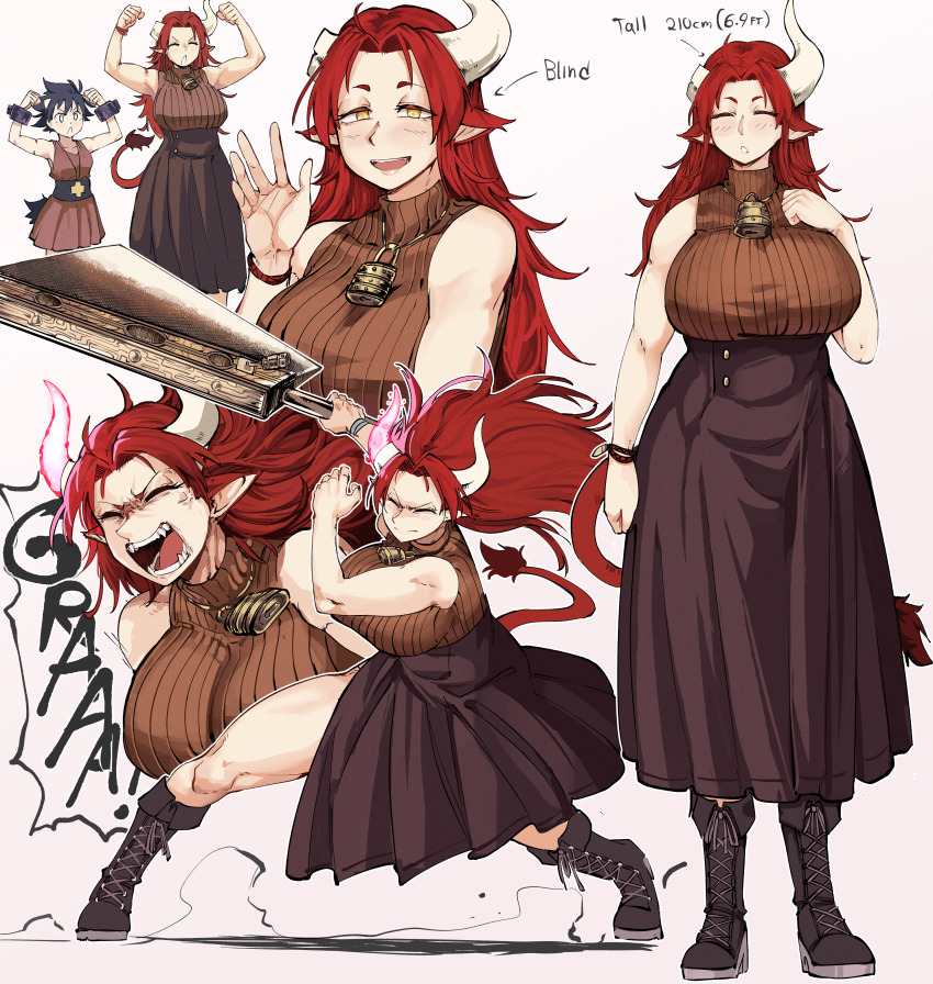 2girls, absurdres, anger_vein, angry, animal_ears, antares_topaz, axe, bad_link, bell, black_footwear, blind, boots, bracelet, breasts, broken_horn, brown_footwear, brown_skirt, cow_ears, cow_girl, cow_tail, cowbell, cygni_boreas_lluminal, dust, energy_horns, english_text, fangs, fighting_stance, flexing, ganymede_(antares_topaz), glowing_horns, height, high-waist_skirt, high_collar, highres, holding, holding_axe, holding_weapon, horns, huge_breasts, huge_weapon, jewelry, keyhole, lace-up_boots, lock_necklace, long_skirt, looking_at_viewer, minotaur, multiple_girls, multiple_views, open_mouth, pointy_ears, red_hair, ribbed_vest, scar, scar_on_arm, screaming, shadow, shouting, skirt, solo_focus, speech_bubble, star_linker, tail, teeth, waving, weapon, white_background, yellow_eyes