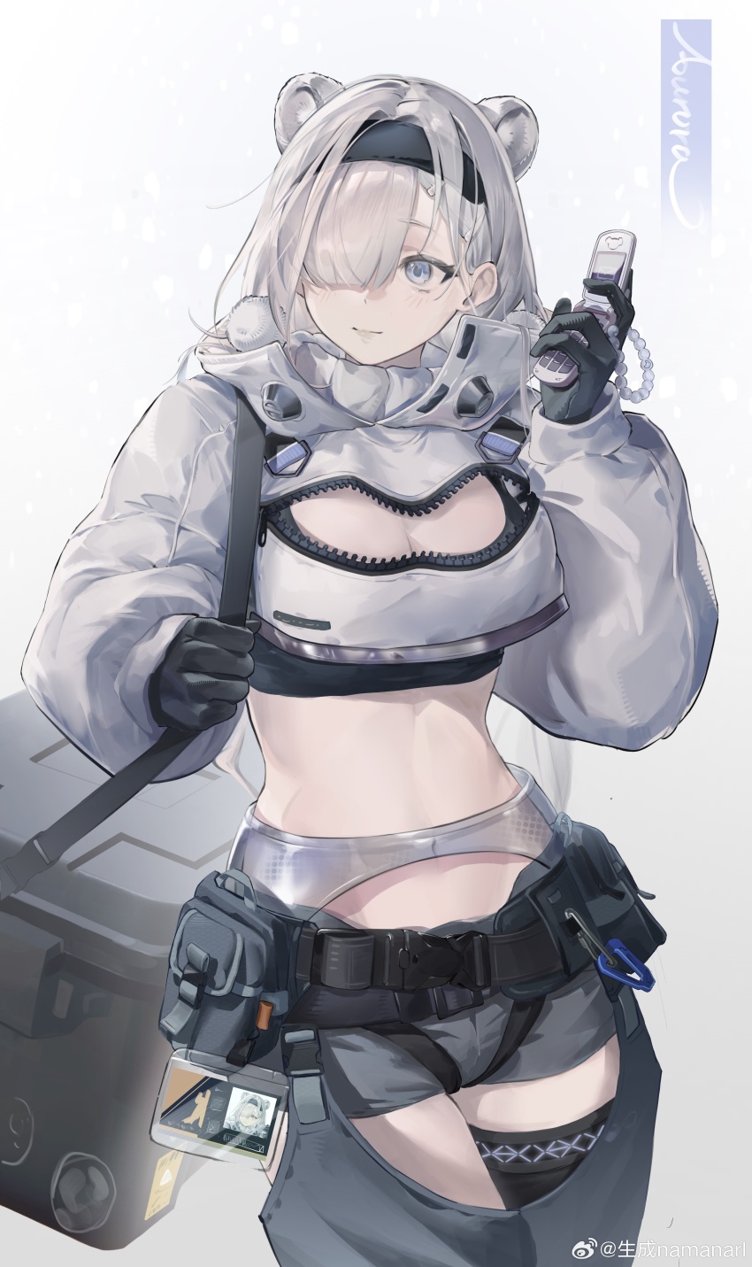 1girl, absurdres, animal_ears, arknights, aurora_(arknights), bear_ears, black_gloves, black_hairband, breasts, cellphone, chaps, cleavage, cleavage_cutout, clothing_cutout, cowboy_shot, crop_top, gloves, gradient_background, grey_background, grey_eyes, grey_hair, grey_shorts, hair_over_one_eye, hairband, highres, holding, holding_phone, jacket, long_sleeves, midriff, namanari, navel, phone, short_shorts, shorts, solo, standing, stomach, white_jacket