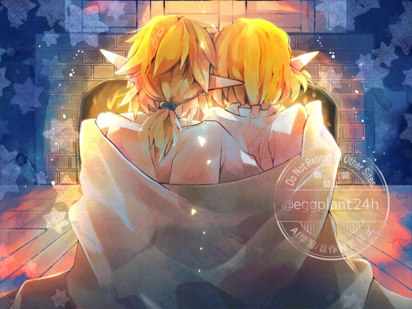 1boy, 1girl, blonde_hair, couple, earrings, eggplant24h, facing_away, fireplace