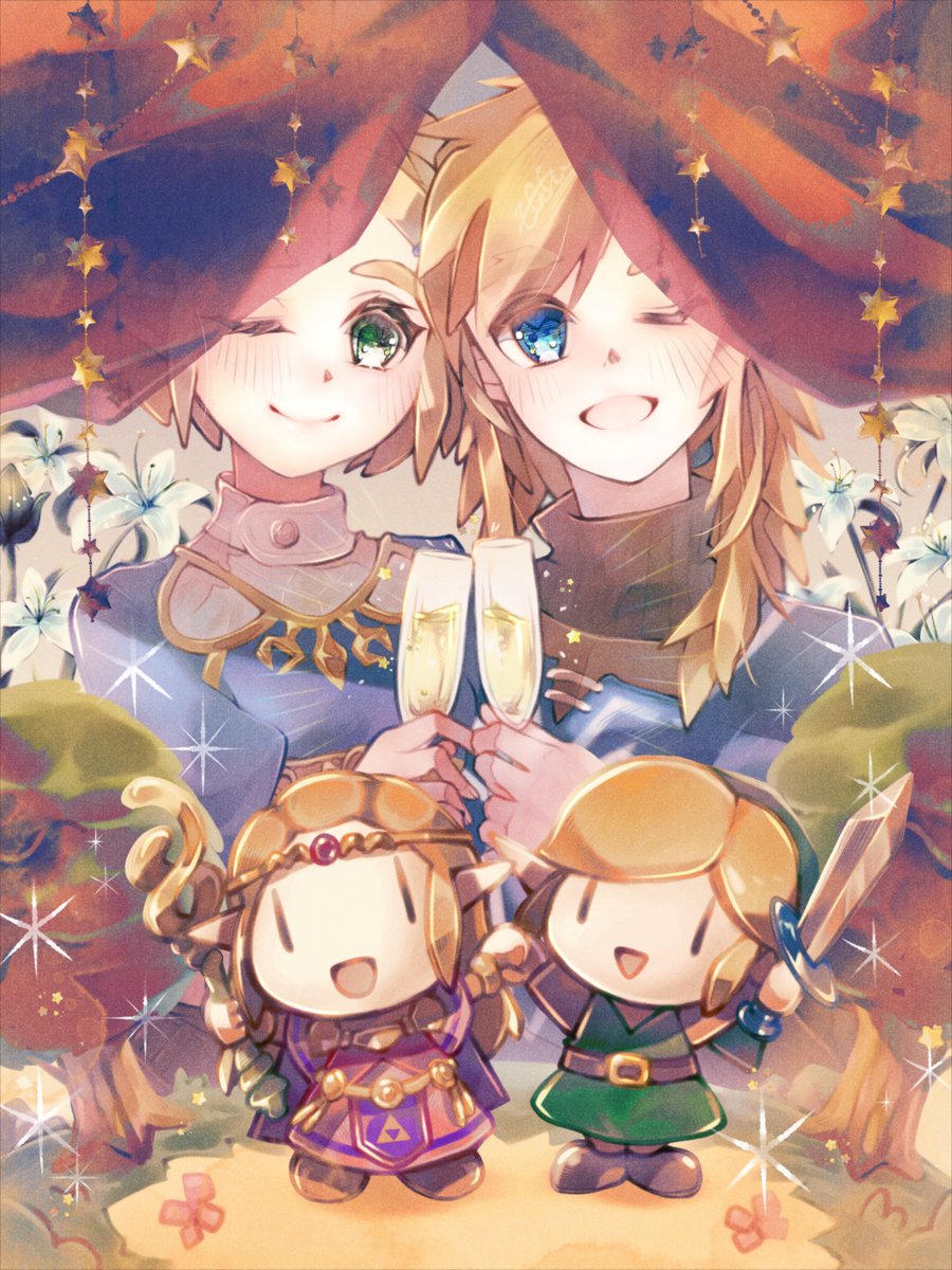 1boy, 1girl, blonde_hair, blue_eyes, blue_shirt, blue_tunic, blush, boots