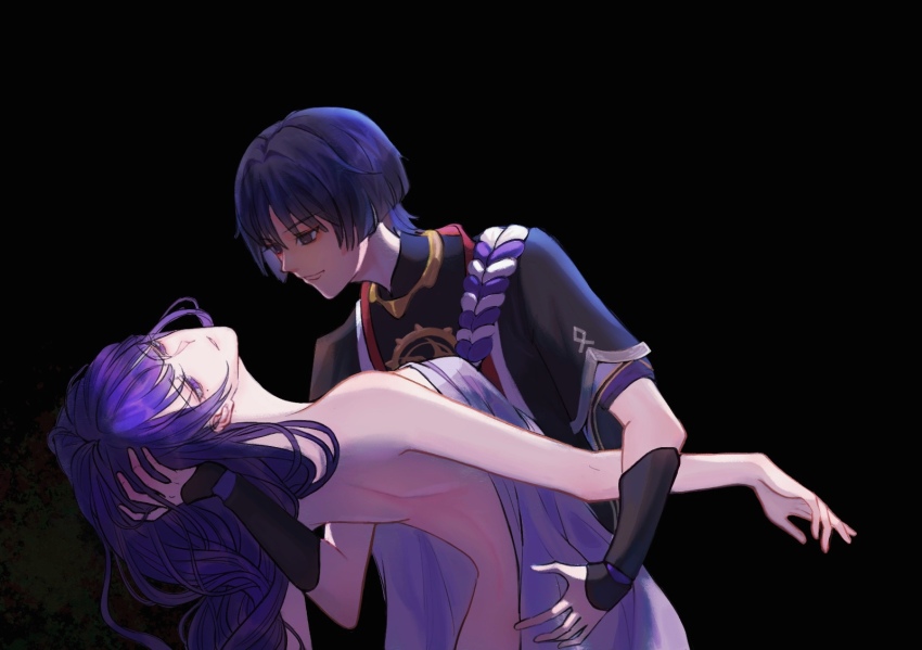 1boy, 1girl, arched_back, armor, bare_arms, bare_back, black_background, black_bodysuit