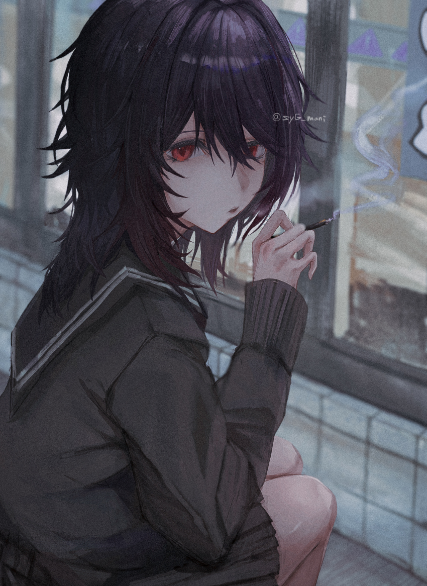 1girl, absurdres, black_hair, black_sailor_collar, black_skirt, cardigan, from_behind, grey_cardigan