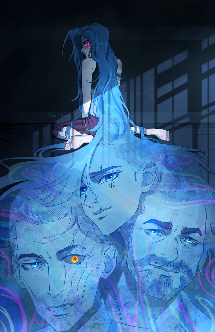 2boys, 2girls, arcane:_league_of_legends, arcane_jinx, bare_arms, bare_shoulders, barefoot, beard