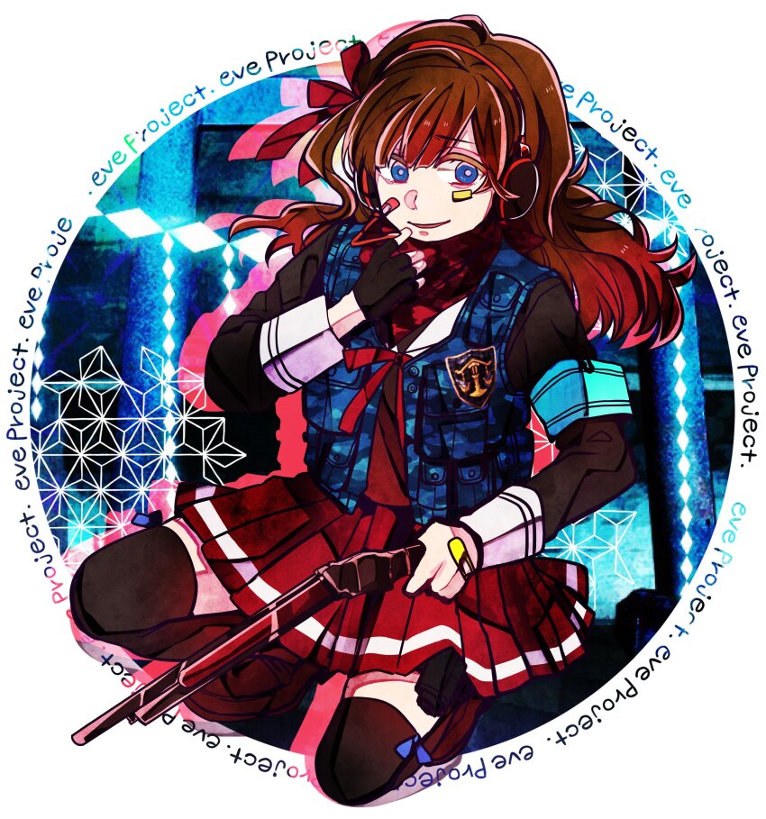 1girl, absurdres, armband, artist_request, balance_scale, bandaid, bandaid_on_cheek, bandaid_on_face, bandaid_on_hand, black_gloves, black_shirt, black_thighhighs, blue_armband, blue_bow, blue_eyes, blue_vest, border, bow, bow_legwear, bowtie, bright_pupils, brown_hair, brown_shoes, building, character_request, colored_eyelashes, copyright_name, crest, drop_shadow, eve_project_(studio_wasabi), fingerless_gloves, full_body, gloves, gun, hair_bow, hand_on_own_chin, headphones, headset, highres, holding, holding_gun, holding_weapon, kneeling, long_hair, long_sleeves, looking_at_viewer, miniskirt, official_art, open_clothes, open_mouth, open_vest, outside_border, pleated_skirt, red_bow, red_bowtie, red_skirt, red_vest, round_border, second-party_source, shirt, shoes, shotgun, single_fingerless_glove, skirt, skirt_set, smile, solo, studio_wasabi, thighhighs, uwabaki, vest, weapon, weighing_scale, white_border, white_pupils, white_wrist_cuffs, wrist_cuffs