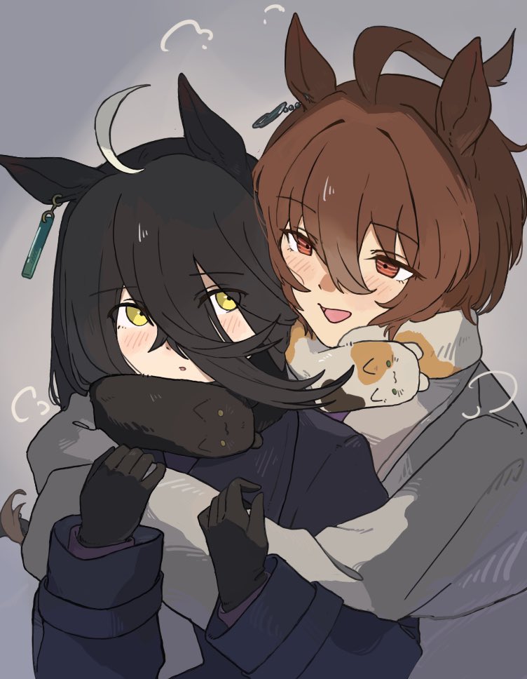 2girls, ahoge, animal_ears, animal_scarf, black_coat, black_gloves, black_hair, black_scarf