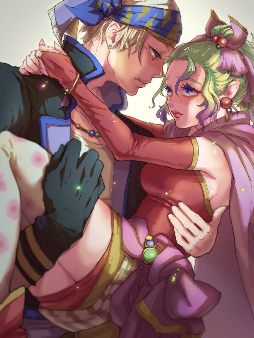 1boy, 1girl, arms_around_neck, bead_necklace, beads, black_gloves, black_jacket, blue_eyes