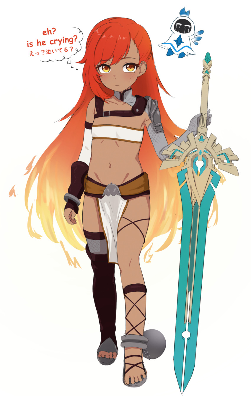 1girl, armor, bandeau, barbatos_(genshin_impact), barefoot, blonde_hair, blush, commentary_request, detached_sleeves, english_text, full_body, genshin_impact, gradient_hair, highres, holding, holding_sword, holding_weapon, long_hair, looking_at_viewer, mockingeu, multicolored_hair, navel, pelvic_curtain, red_hair, shoulder_armor, single_bare_shoulder, single_sleeve, skyward_pride_(genshin_impact), standing, stomach, strapless, sword, toes, tube_top, vennessa_(genshin_impact), very_long_hair, weapon, white_background, white_bandeau, white_sleeves, yellow_eyes