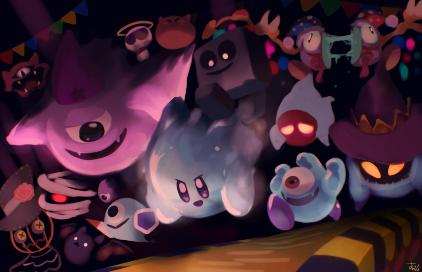 angry_scarfy, bisected, black_hat, blocky_(kirby), blue_eyes, blue_hat, bow, bowtie