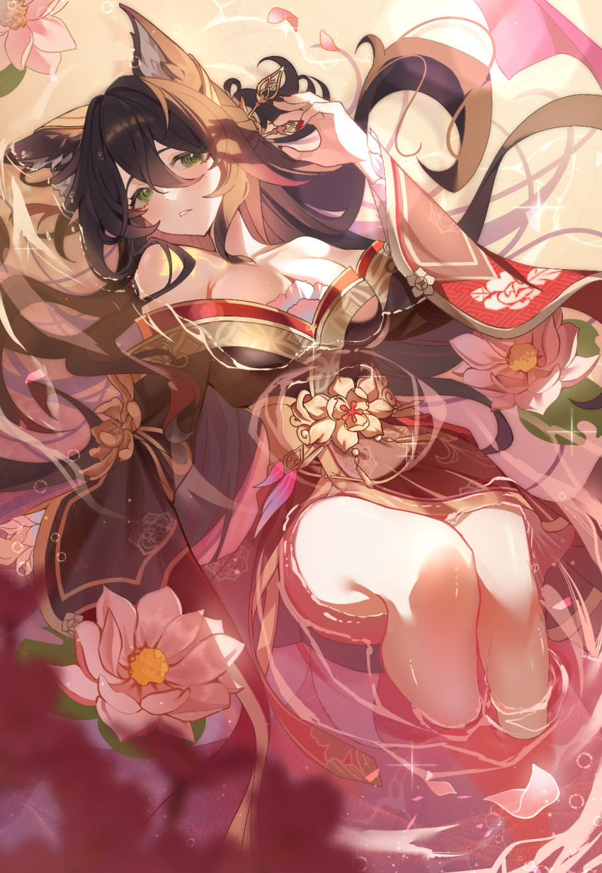 1girl, acsuck, animal_ear_fluff, animal_ears, bare_legs, bare_shoulders, black_robe, breasts, brown_hair, flower, fox_ears, fox_girl, fugue_(honkai:_star_rail), green_eyes, hair_between_eyes, highres, honkai:_star_rail, honkai_(series), in_water, large_breasts, lily_pad, long_hair, long_sleeves, nail_polish, off_shoulder, parted_lips, partially_submerged, pink_flower, red_nails, robe, solo, tingyun_(honkai:_star_rail), very_long_hair, water_lily_flower