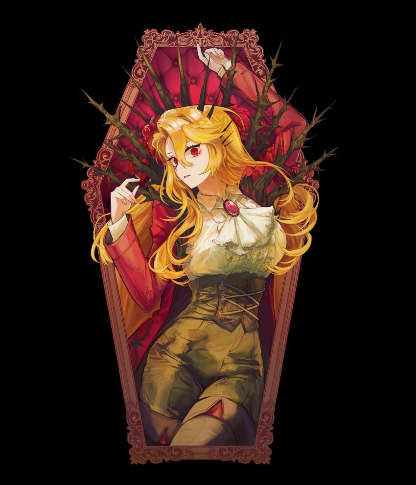 1girl, ascot, black_background, black_corset, black_crown, blonde_hair, boots, brooch