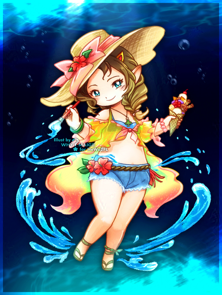 1girl, air_bubble, artist_name, bikini, blonde_hair, blue_bikini, blue_eyes, blush_stickers, braid, bubble, closed_mouth, commission, denim, denim_shorts, final_fantasy, final_fantasy_xiv, flat_chest, full_body, hat, holding, holding_ice_cream_cone, holding_paintbrush, ice_cream_cone, krile_baldesion_(ff14), lalafell, large_hat, looking_at_viewer, ocean, paint_splatter, paintbrush, pictomancer_(final_fantasy), pointy_ears, sandals, short_shorts, shorts, smile, solo, stomach, straw_hat, sun_hat, swimsuit, underwater, whymaige
