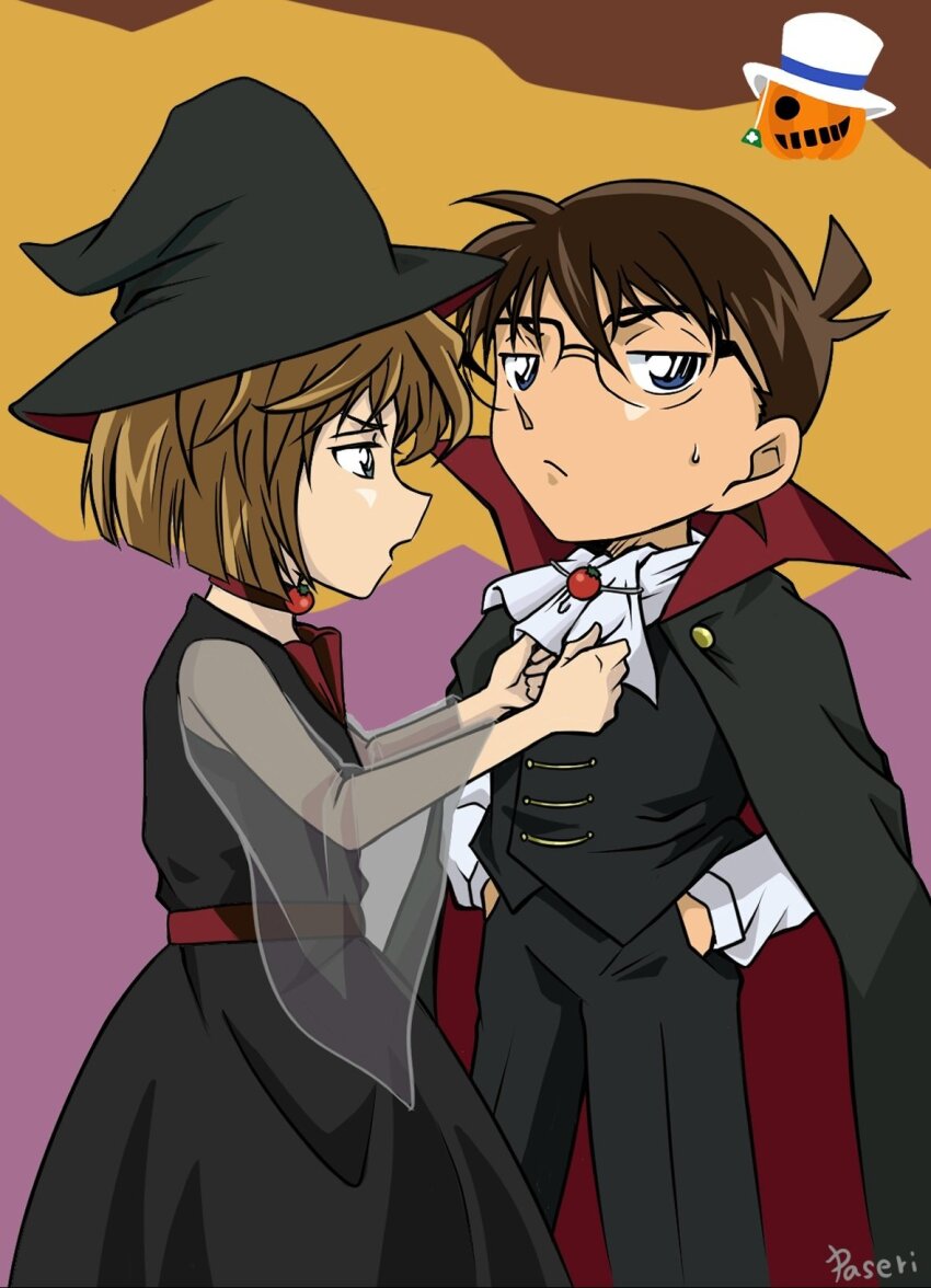 1boy, 1girl, adjusting_another's_clothes, artist_name, black_cape, black_dress, black_hair, black_hat