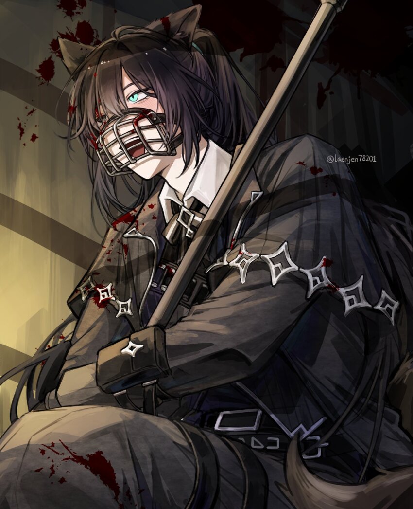 1boy, animal_ears, arm_pouch, bandolier, belt, black_coat, blood, blood_in_hair