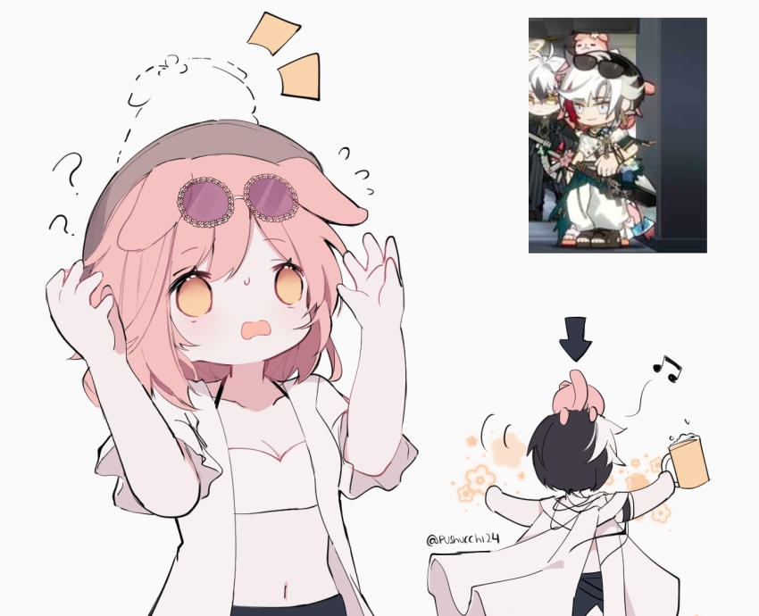 1boy, 1girl, ?, ??, arknights, beer_mug, black_hair, black_shorts