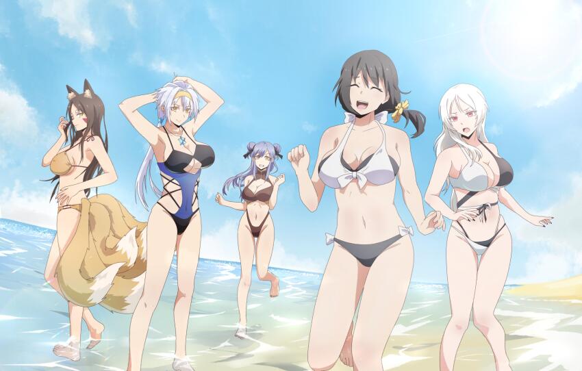 5girls, absurdres, beach, black_bra, black_hair, black_panties, blue_hair, bra