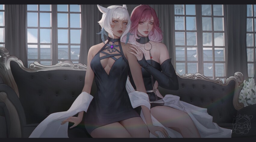 2girls, animal_ears, armpit_crease, artist_logo, black_choker, black_dress, breasts, cat_ears, character_request, choker, cleavage, closed_mouth, couch, dark-skinned_female, dark_skin, detached_sleeves, dress, eyebrows_hidden_by_hair, facial_mark, final_fantasy, final_fantasy_xiv, flower, hand_on_another's_shoulder, highres, jewelry, large_breasts, lipstick, logo, looking_ahead, looking_at_viewer, makeup, medium_hair, miqo'te, multiple_girls, necklace, on_couch, open_mouth, path_to_nowhere, pink_eyes, pink_hair, shalom_(city_never_sleeps)_(path_to_nowhere), shalom_(path_to_nowhere), short_hair, strapless, strapless_dress, white_eyes, white_flower, white_hair, window_shadow, y'shtola_rhul, yuki_lu
