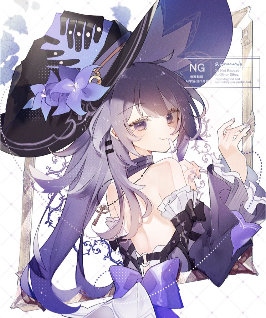 1girl, backless_dress, backless_outfit, bare_back, bare_shoulders, black_hat, bow, bowtie