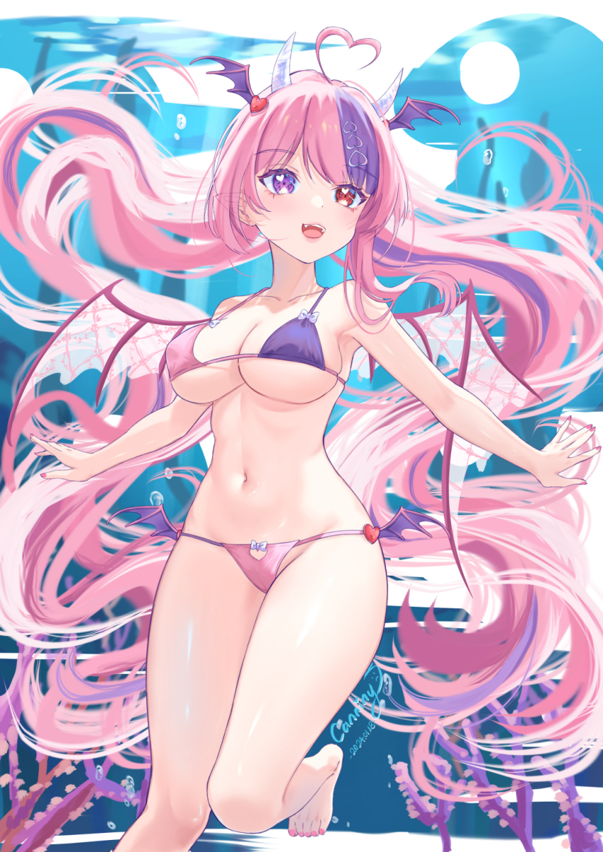 1girl, ahoge, barefoot, bikini, breasts, canniny, cleavage, demon_girl