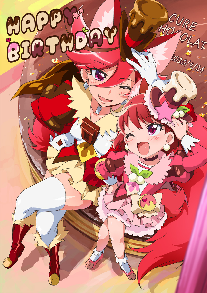 2girls, ;d, bike_shorts, birthday, blush, brooch, brown_cape, brown_hair