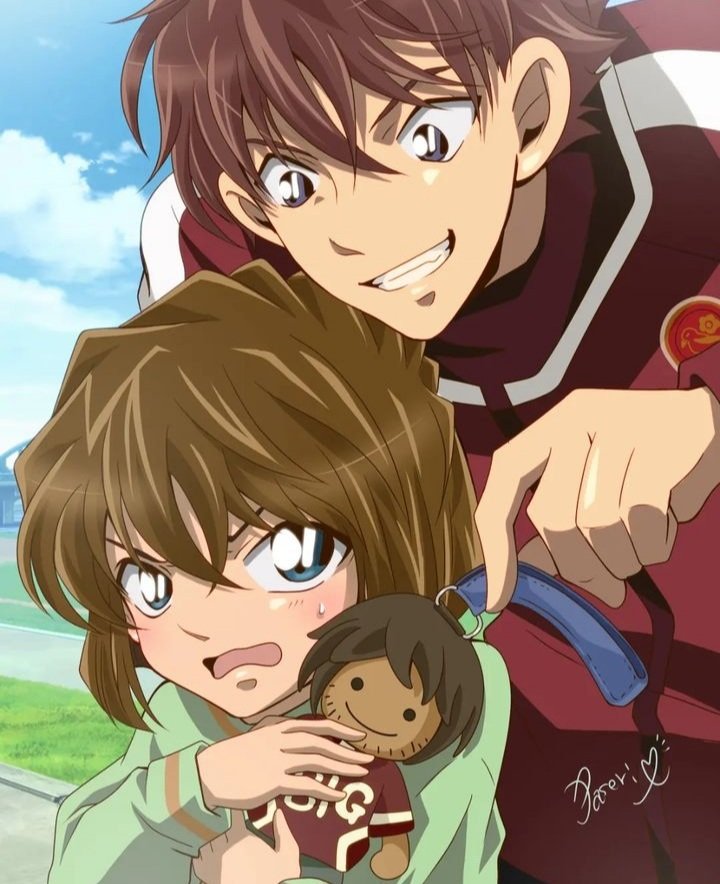 1boy, 1girl, blush, brown_hair, charm_(object), cloud, green_eyes, green_sweater, haibara_ai, higo_ryuusuke, jacket, meitantei_conan, open_mouth, paseri_(l7dgtxtsnlmfwlb), red_jacket, sanada_takahiro, smile, soccer_uniform, sportswear, stuffed_toy, sweatdrop, sweater, track_jacket