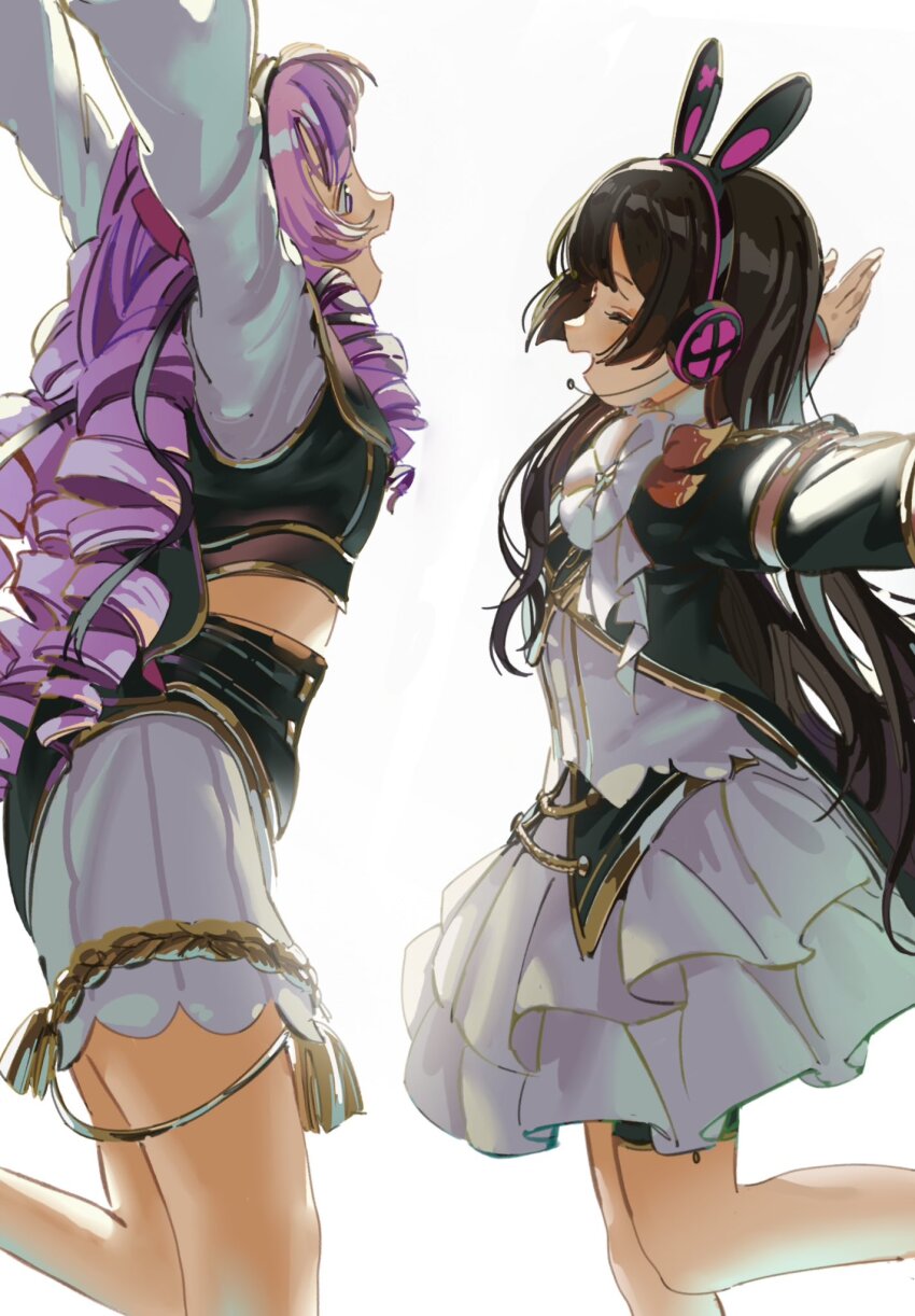 2girls, ^_^, aiguillette, animal_ear_headphones, animal_ears, arms_up, black_hair, black_jacket, black_ribbon, black_shorts, black_vest, breasts, closed_eyes, drill_hair, drill_sidelocks, fake_animal_ears, feet_out_of_frame, from_side, gold_trim, hair_ribbon, hashtag-only_commentary, headphones, highres, hyakumantenbara_salome, idol_clothes, imminent_hug, jacket, layered_shorts, layered_skirt, long_hair, long_sleeves, midriff, miniskirt, multiple_girls, nijisanji, nijisanji_idol_uniform, open_mouth, outstretched_arms, pleated_skirt, purple_hair, rabbit_ear_headphones, rabbit_ears, ribbon, rippoutai_fuusen, shorts, sidelocks, simple_background, skirt, small_breasts, smile, standing, standing_on_one_leg, thigh_strap, tsukino_mito, very_long_hair, vest, virtual_youtuber, white_background, white_shorts, white_skirt, white_sleeves