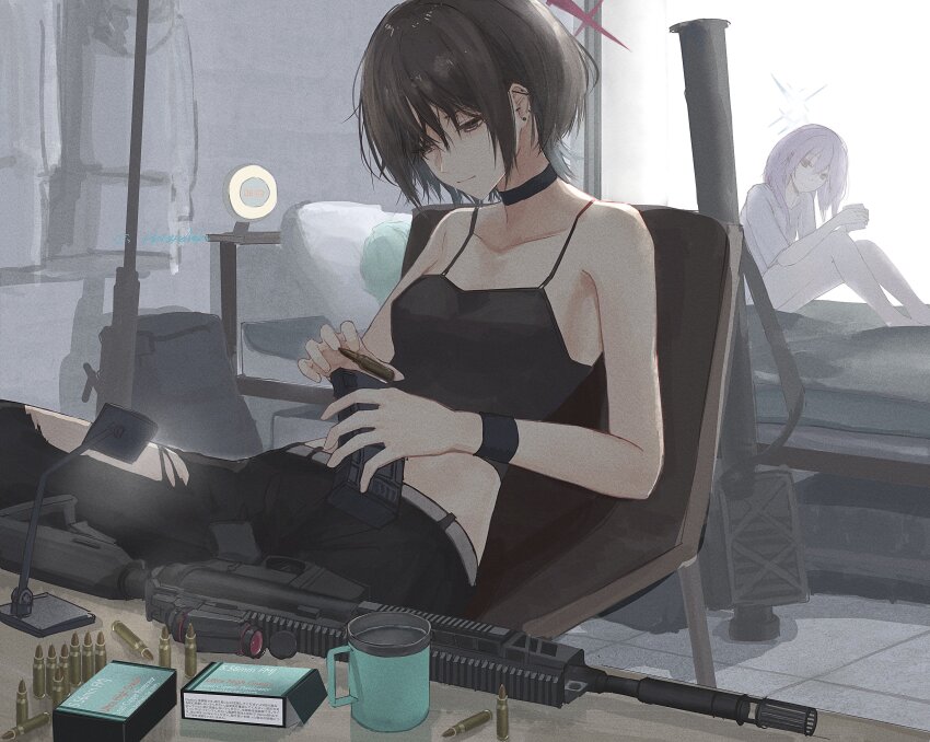 2girls, absurdres, alarm_clock, ammunition, ar-15, assault_rifle, atsuko_(blue_archive), barbell_piercing, black_camisole, black_choker, black_hair, blue_archive, bullet, camisole, chair, choker, clock, coffee_mug, cup, ear_piercing, fim-92_stinger, gun, halo, hetare_galm_sue, highres, industrial_piercing, magazine_(weapon), misaki_(blue_archive), mug, multiple_girls, pants, piercing, red_eyes, reloading, rifle, rifle_cartridge, rocket_launcher, scope, short_hair, sitting, weapon, weapon_request, wristband