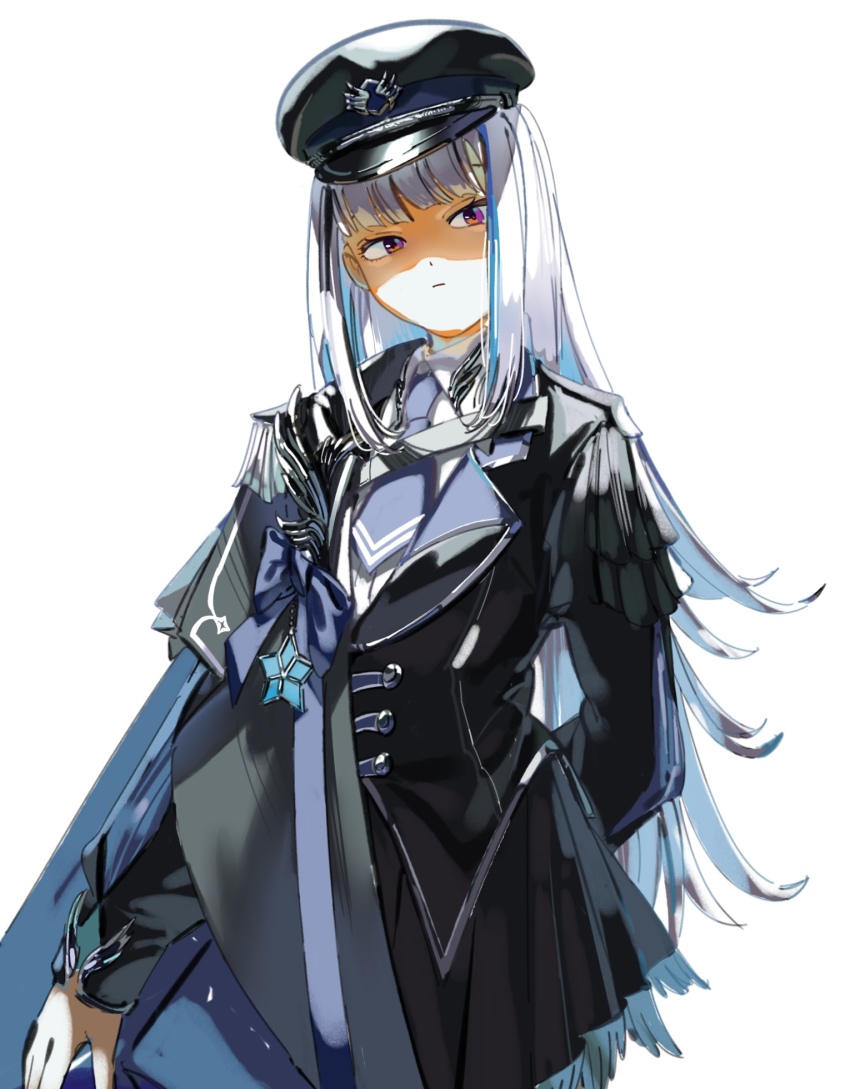 1girl, arm_behind_back, black_hat, black_jacket, black_skirt, blue_bow, blue_hair, blue_necktie