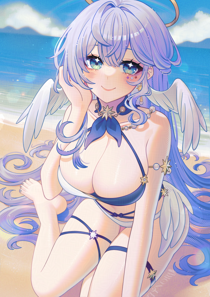 1girl, barefoot, beach, bikini, blue_bikini, blue_choker, blue_hair, blush_stickers