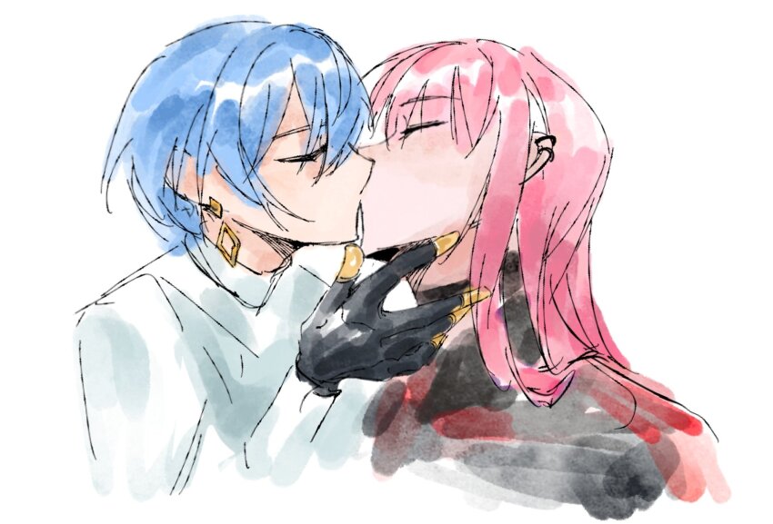 2girls, alternate_costume, black_gloves, black_shirt, blue_hair, closed_eyes, earrings, gloves