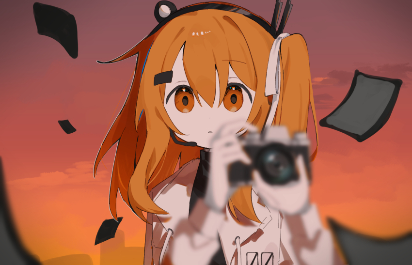 1girl, :o, a.i._voice, adachi_rei, black_shirt, camera, day, double-parted_bangs