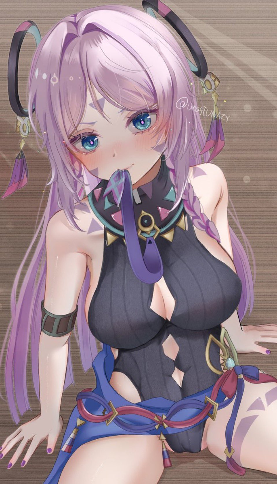 1girl, bare_shoulders, black_leotard, blue_eyes, blue_skirt, breasts, cameltoe, chuuna_(unagiunazy)