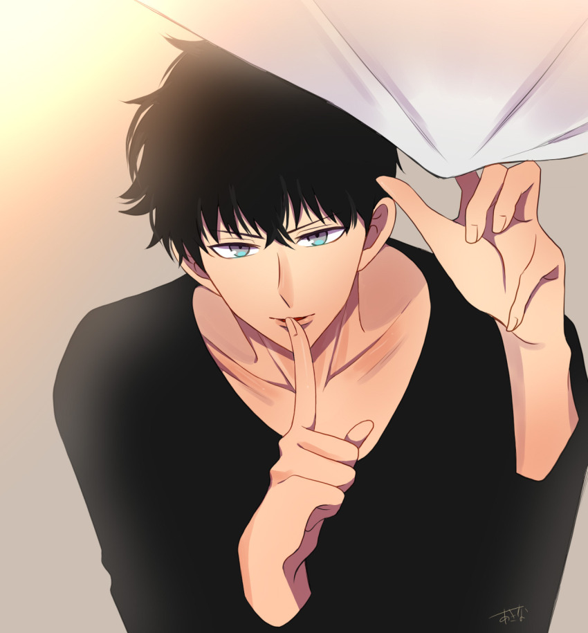 1boy, akina_(user_htkx7587), black_hair, black_shirt, bloom, blue_eyes, collarbone, finger_to_mouth