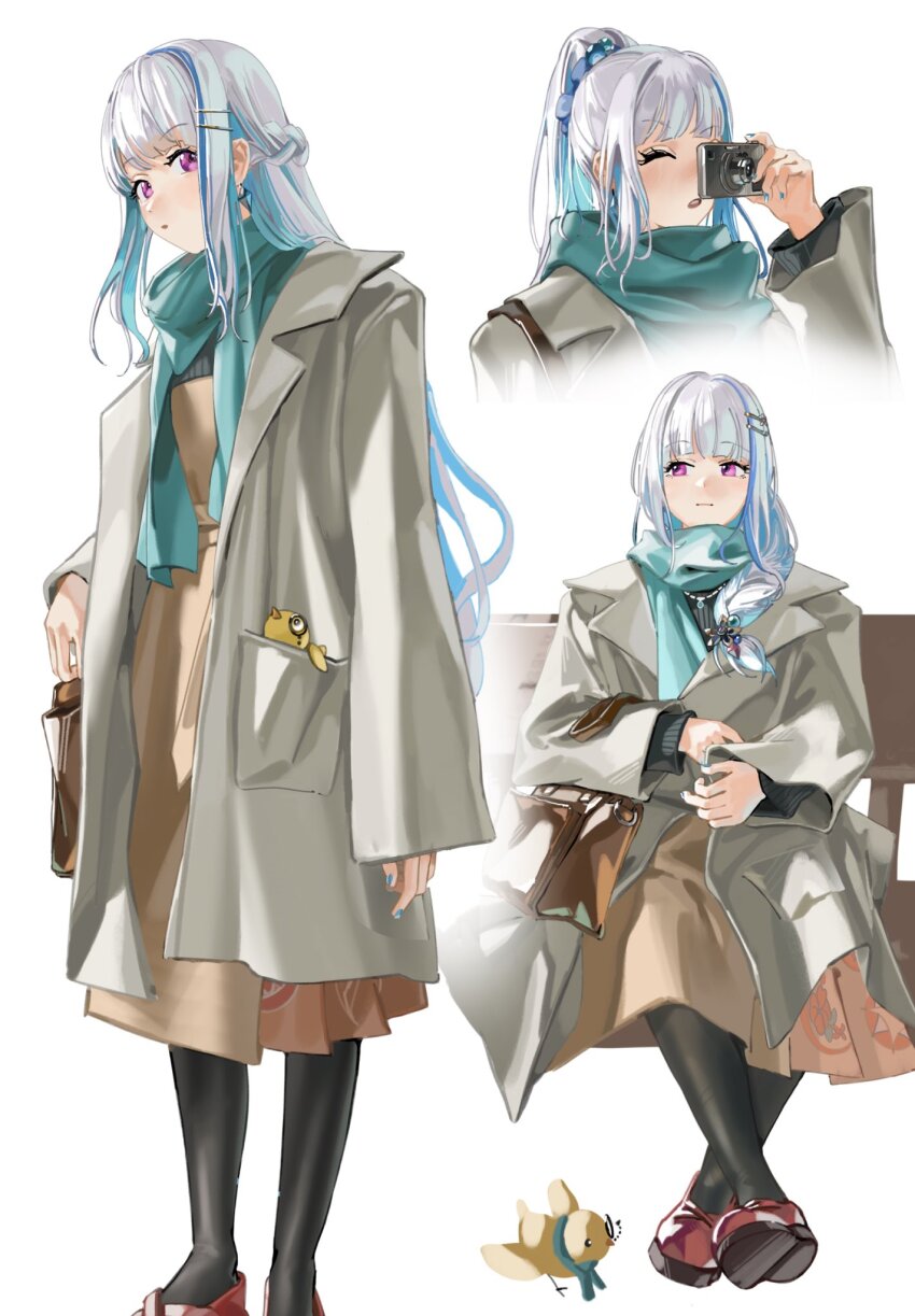 1girl, animal, aqua_nails, aqua_scarf, bag, bird, black_pantyhose, blue_hair