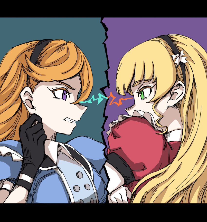 2girls, black_gloves, black_hairband, blonde_hair, blue_background, blue_dress, blunt_bangs, bow