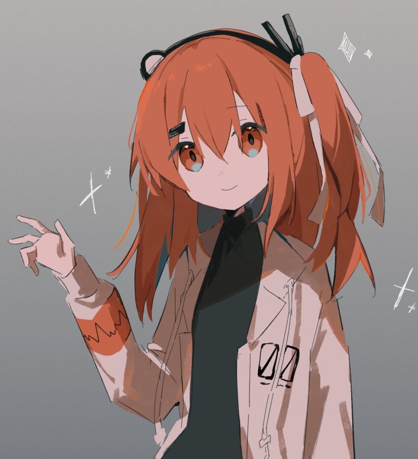 1girl, a.i._voice, adachi_rei, black_shirt, closed_mouth, double-parted_bangs, flat_chest, gloves, grey_background, hair_between_eyes, hair_ribbon, headlamp, highres, jacket, kurage_mi404, long_hair, looking_at_viewer, open_clothes, open_jacket, orange_eyes, orange_hair, radio_antenna, ribbon, shirt, simple_background, smile, solo, upper_body, utau, white_gloves, white_jacket, white_ribbon