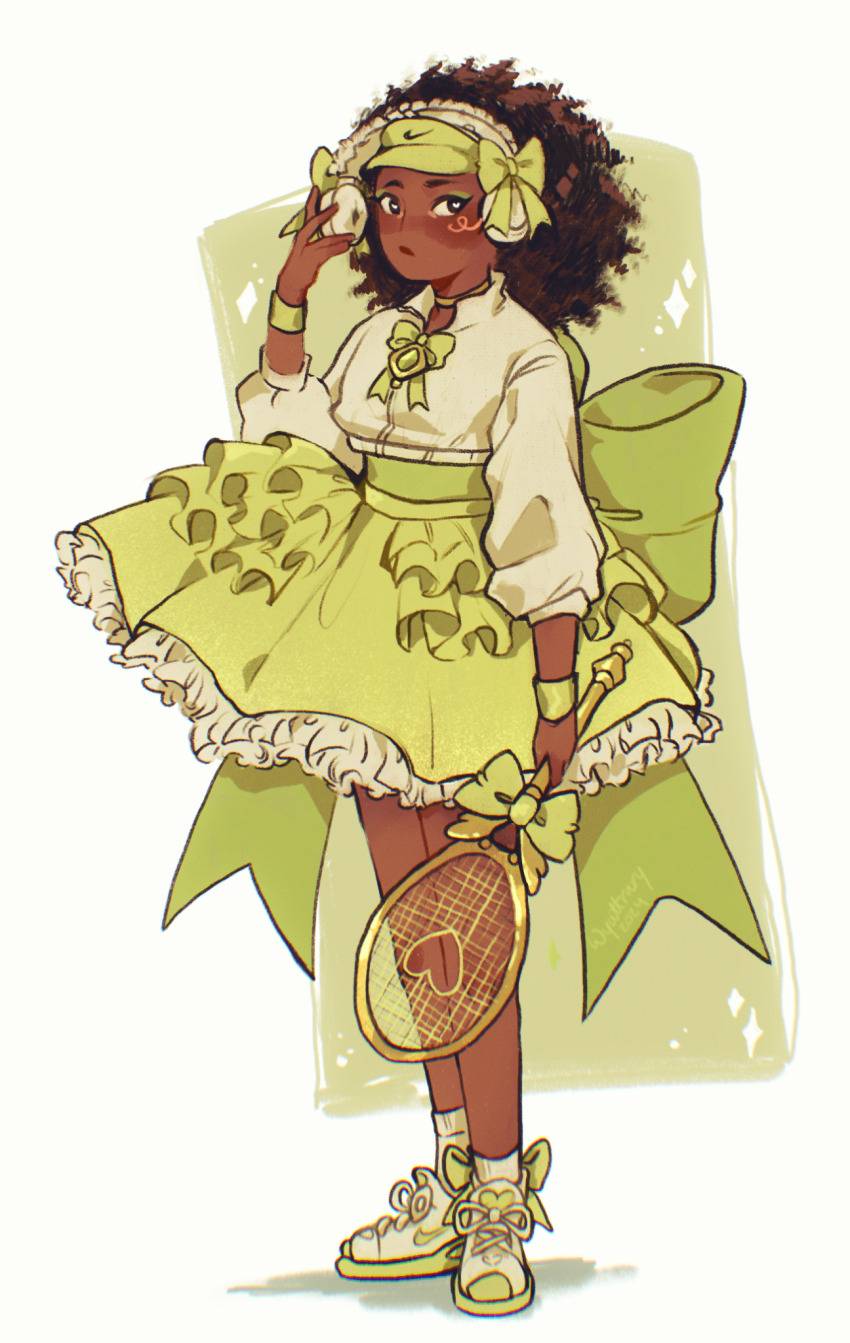 1girl, alternate_universe, blush, bow, bowtie, brown_eyes, brown_hair, closed_mouth, commentary, curly_hair, dark-skinned_female, dark_skin, dress, english_commentary, eyeliner, eyes_of_nine, eyeshadow, frilled_skirt, frills, full_body, green_background, green_bow, green_bowtie, green_eyeshadow, green_skirt, green_theme, headphones, highres, holding, holding_tennis_racket, huge_bow, large_bow, long_sleeves, looking_at_viewer, magical_girl, makeup, naomi_osaka, nike_(company), racket, real_life, shirt, shoes, signature, simple_background, skirt, sneakers, solo, sparkle, tennis, tennis_racket, waist_bow, white_background, white_shirt, wristband