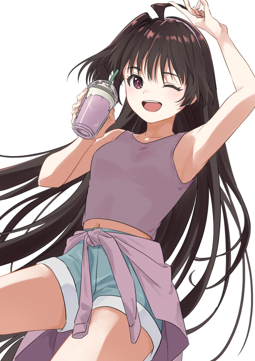 1girl, absurdres, black_hair, blue_shorts, clothes_around_waist, cup, drinking_straw, hairband