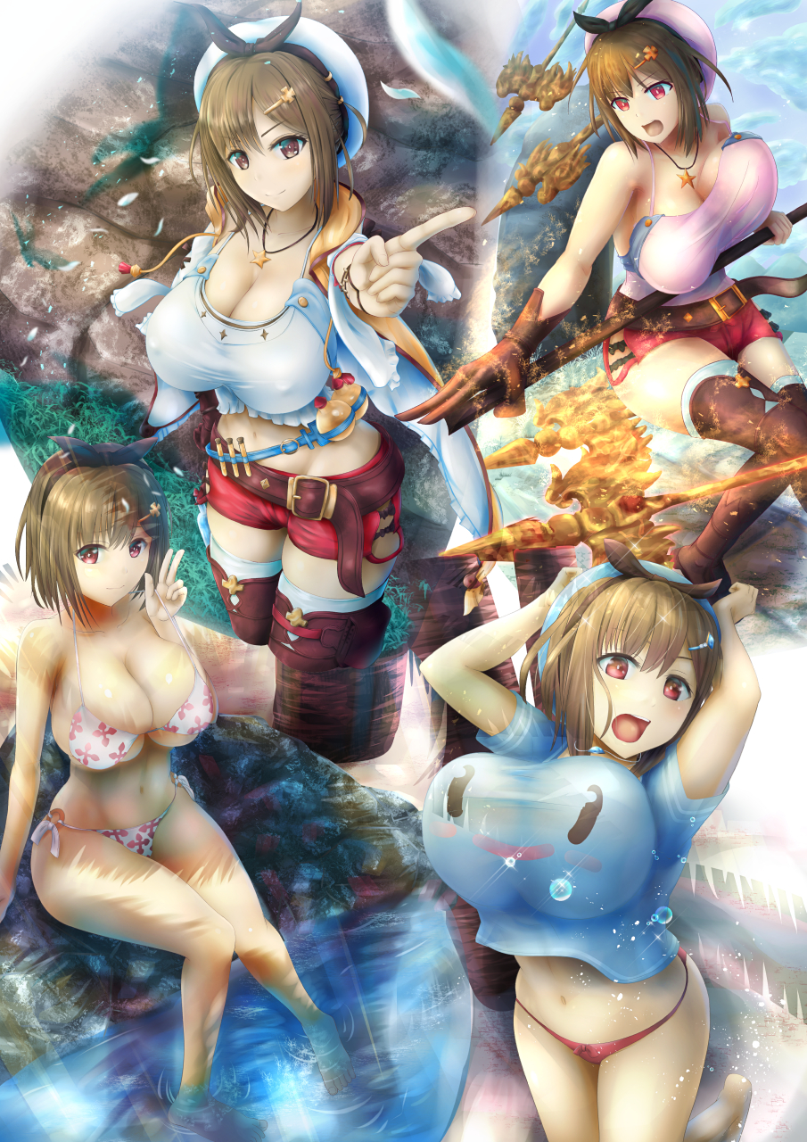 1girl, arm_support, arms_up, atelier_(series), atelier_ryza, atelier_ryza_1, belt, bikini, bikini_under_clothes, blue_belt, blue_hat, blue_shirt, bow, breasts, brown_belt, brown_eyes, brown_gloves, brown_hair, cleavage, closed_mouth, commentary_request, covered_erect_nipples, ellezion, flask, from_above, gloves, grass, hair_ornament, hairclip, hat, highres, huge_breasts, index_finger_raised, jacket, jewelry, large_breasts, leather, leather_belt, looking_at_viewer, midriff, multiple_views, navel, necklace, open_mouth, print_shirt, red_bikini, red_shorts, reisalin_stout, reisalin_stout_(blue_puni_costume), round-bottom_flask, shirt, short_shorts, shorts, side-tie_bikini_bottom, single_glove, sitting, sleeveless, sleeveless_jacket, smile, star_(symbol), star_necklace, swimsuit, thighs, vial, w, white_bikini, yellow_jacket