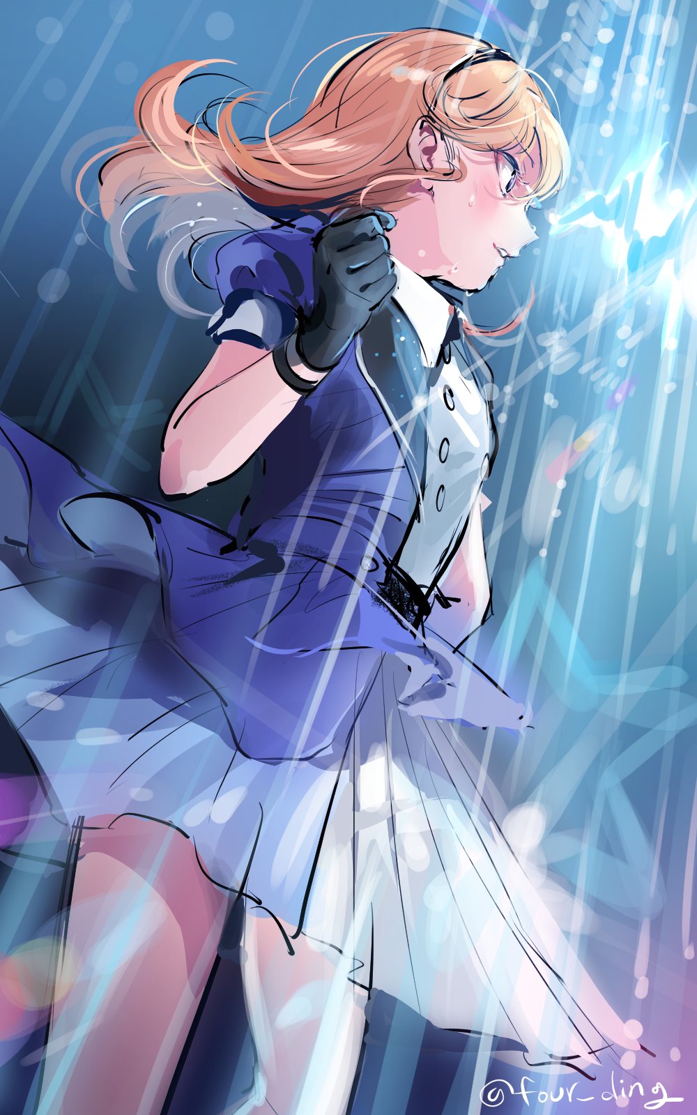 1girl, 4ding, black_gloves, blue_dress, buttons, clenched_hand, collared_dress, commentary