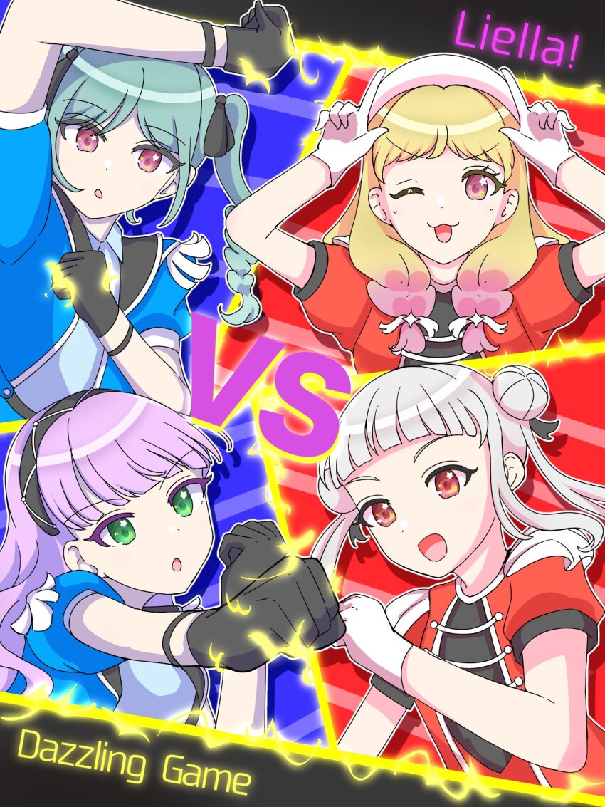 4girls, :d, :o, ;3, ;d, aqua_hair, araha, arashi_chisato, arched_bangs, arm_up, beret, black_gloves, black_hairband, black_ribbon, blonde_hair, blue_dress, blunt_bangs, braid, braided_twintails, collared_dress, commentary_request, dazzling_game, double_bun, dress, gloves, gradient_hair, green_eyes, grey_hair, group_name, hair_bun, hair_ribbon, hairband, hat, highres, long_hair, looking_at_viewer, love_live!, love_live!_superstar!!, low_twin_braids, medium_hair, multicolored_hair, multiple_girls, official_alternate_costume, one_eye_closed, onitsuka_natsumi, onitsuka_tomari, open_mouth, pink_hair, puffy_short_sleeves, puffy_sleeves, purple_hair, red_dress, red_eyes, ribbon, short_sleeves, smile, song_name, star_(symbol), star_in_eye, symbol_in_eye, twin_braids, twintails, two-tone_hair, vs, wavy_hair, white_gloves, white_hat, wien_margarete